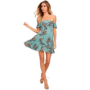 Women's M Lulus One Sweet Day Light Dress Light Blue Floral Off the Shoulder